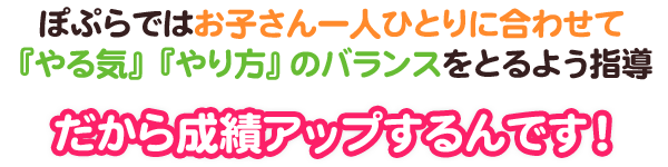 ぽぷらでは1人ひとりに合わせてやる気とやり方のバランスを取るように指導だから成績アップするんです